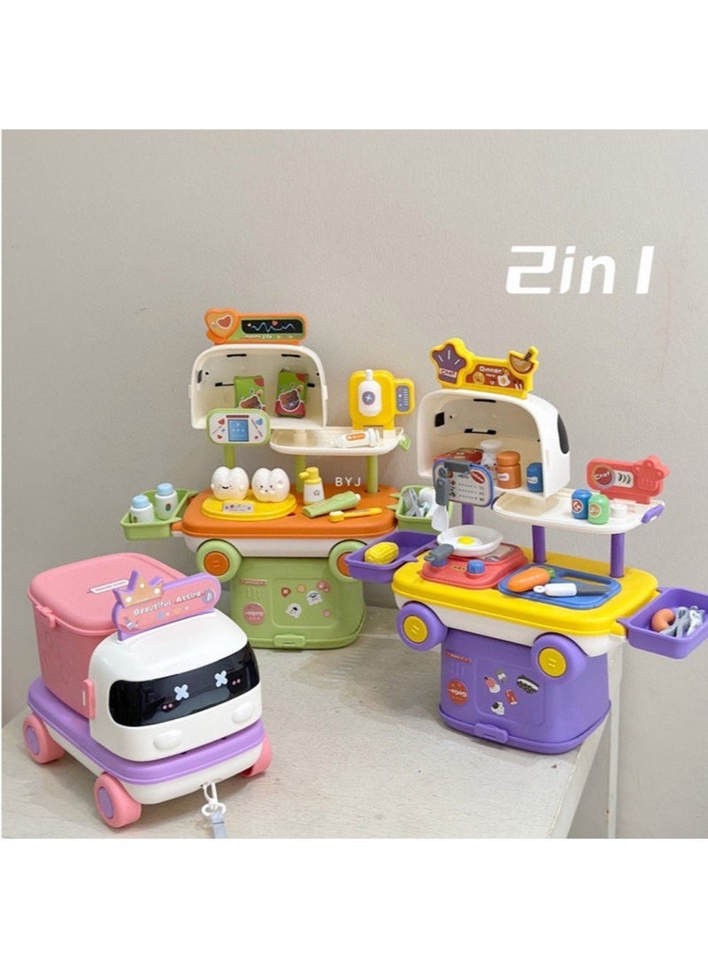 Hihonor Kids' Pull-String Cart Playset with Medical Makeup Station & Storage – Interactive Multifunctional Cooking and Baking Toy for Youngsters, Plastic, Educational Role-Playing Game (Purple) - Image 2